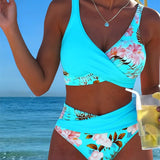 Bikini con estampado floral contrastante y abertura