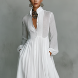 Vestido Maxi de Lino Patchwork con Cuello Alto