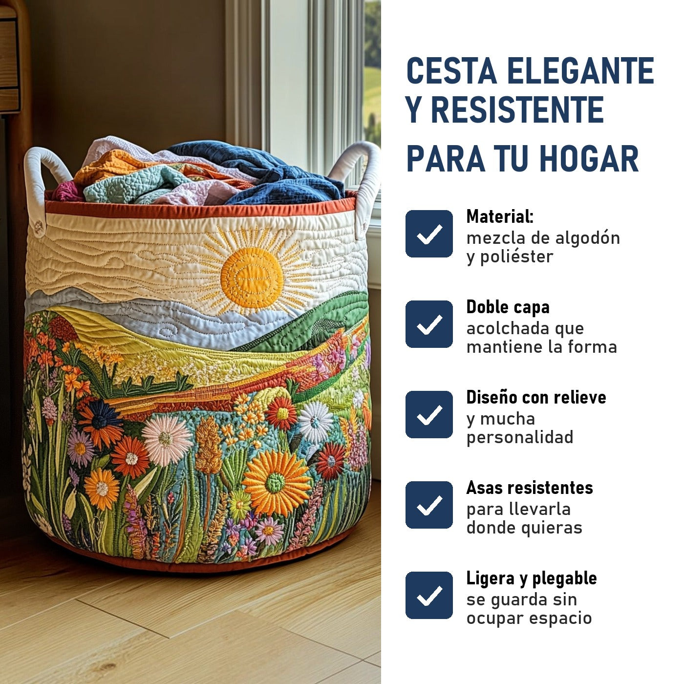 Amanecer Dorado: cesta elegante y resistente, características