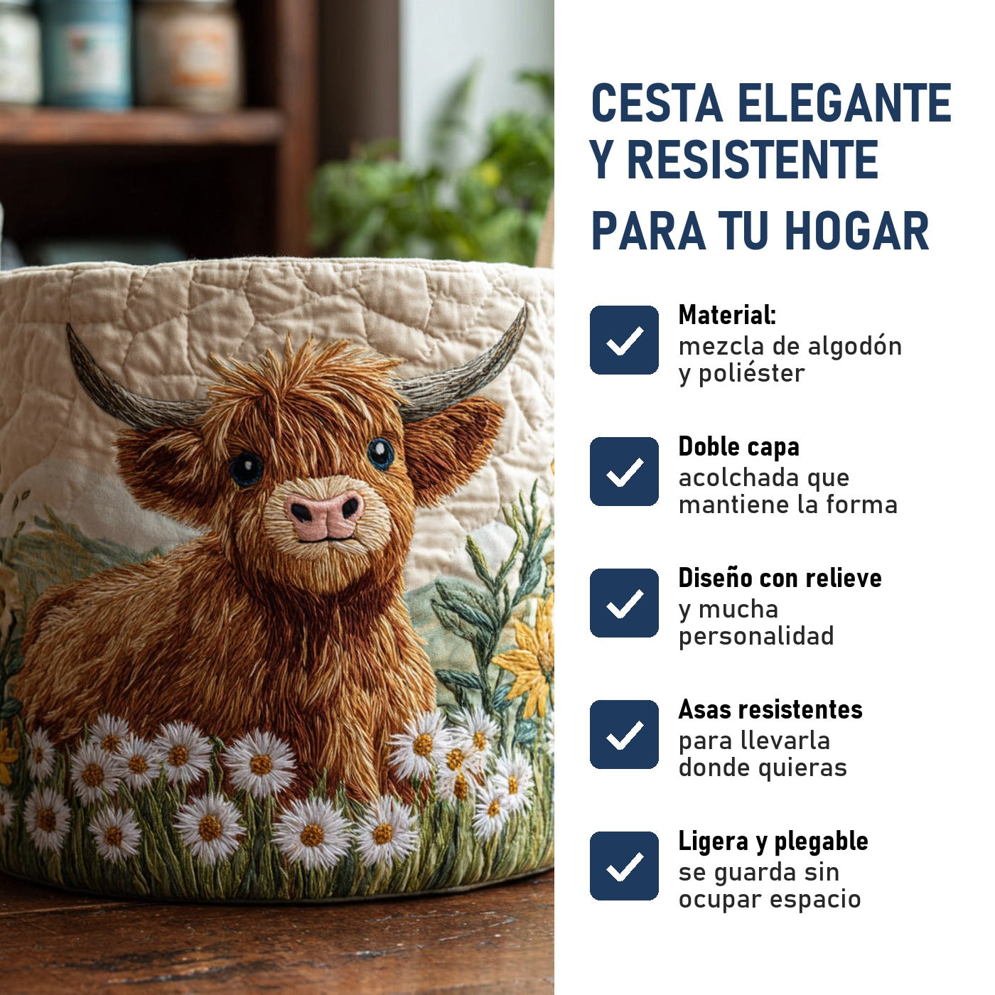 Encanto de las Tierras Altas: cesta elegante y resistente, características