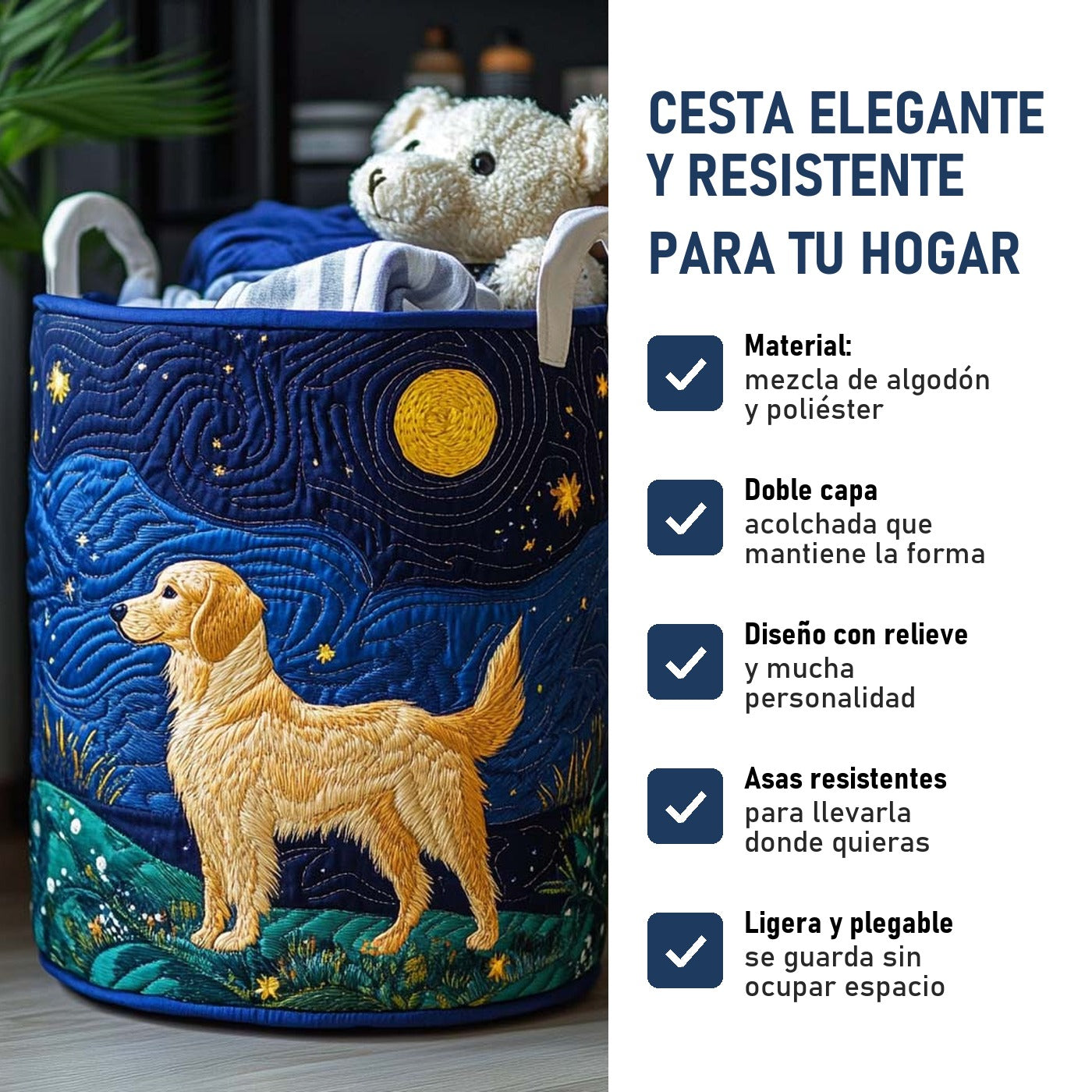 Encanto Dorado: cesta elegante y resistente, características