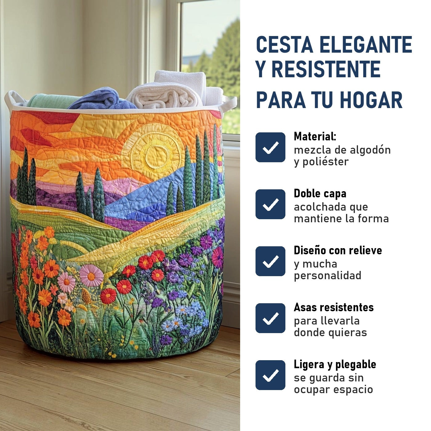 Pradera Brillante: cesta elegante y resistente, características