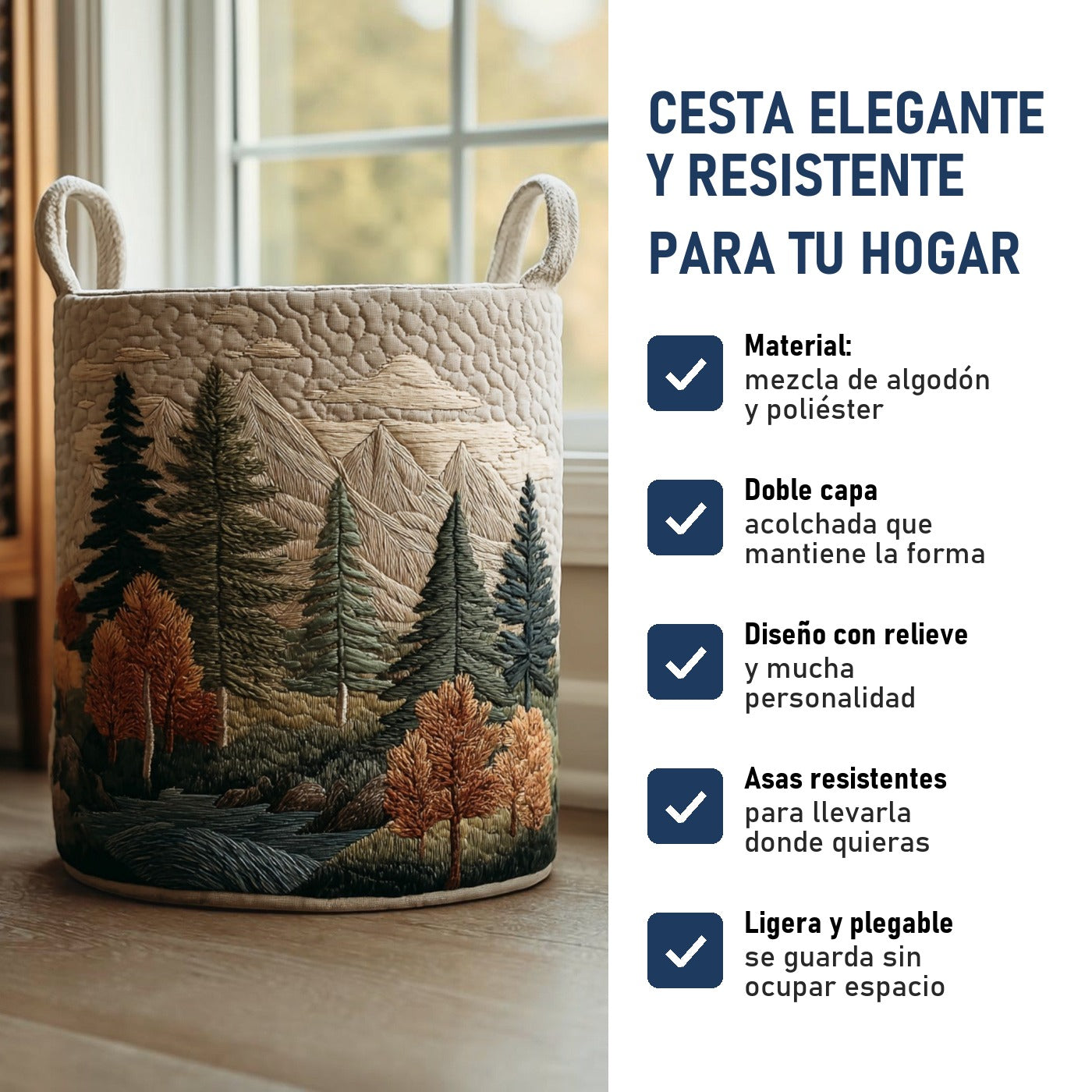 Vista a la Montaña: cesta elegante y resistente, características