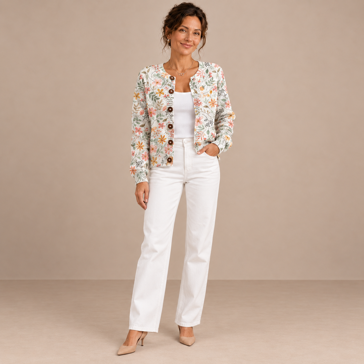 Amelia – Cárdigan de Punto Floral Pastel - frente