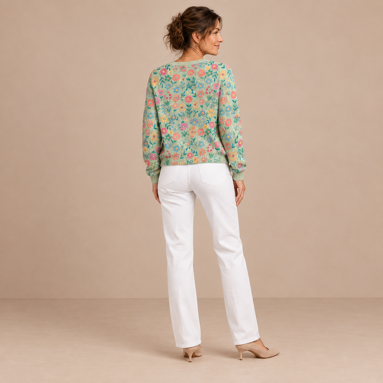 Clara – Cárdigan de Punto Verde Menta Floral - espalda