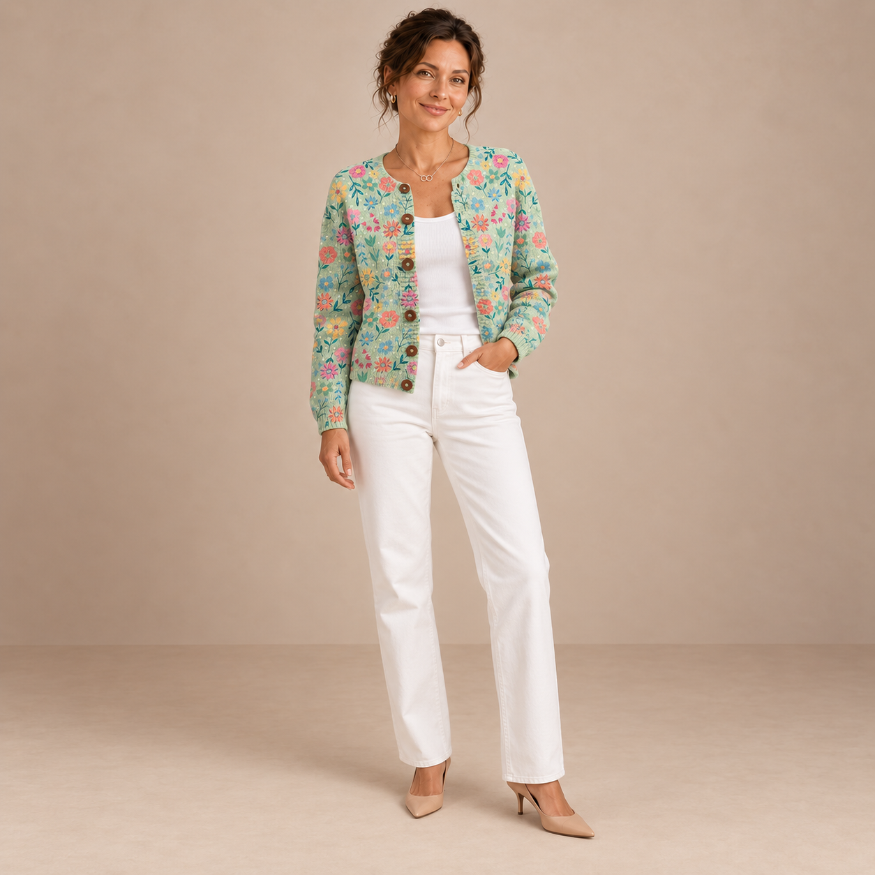 Clara – Cárdigan de Punto Verde Menta Floral - frente