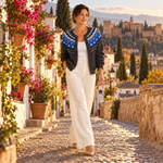 Marta – Cárdigan de Punto Gris con Canesú Azul - gris jacquard azul paseo granada