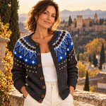 Marta – Cárdigan de Punto Gris con Canesú Azul - gris jacquard azul retrato alhambra