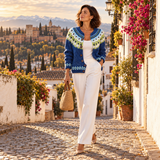 Alba – Cárdigan de Punto Azul con Canesú Lima - jacquard azul verde paseo granada bolso