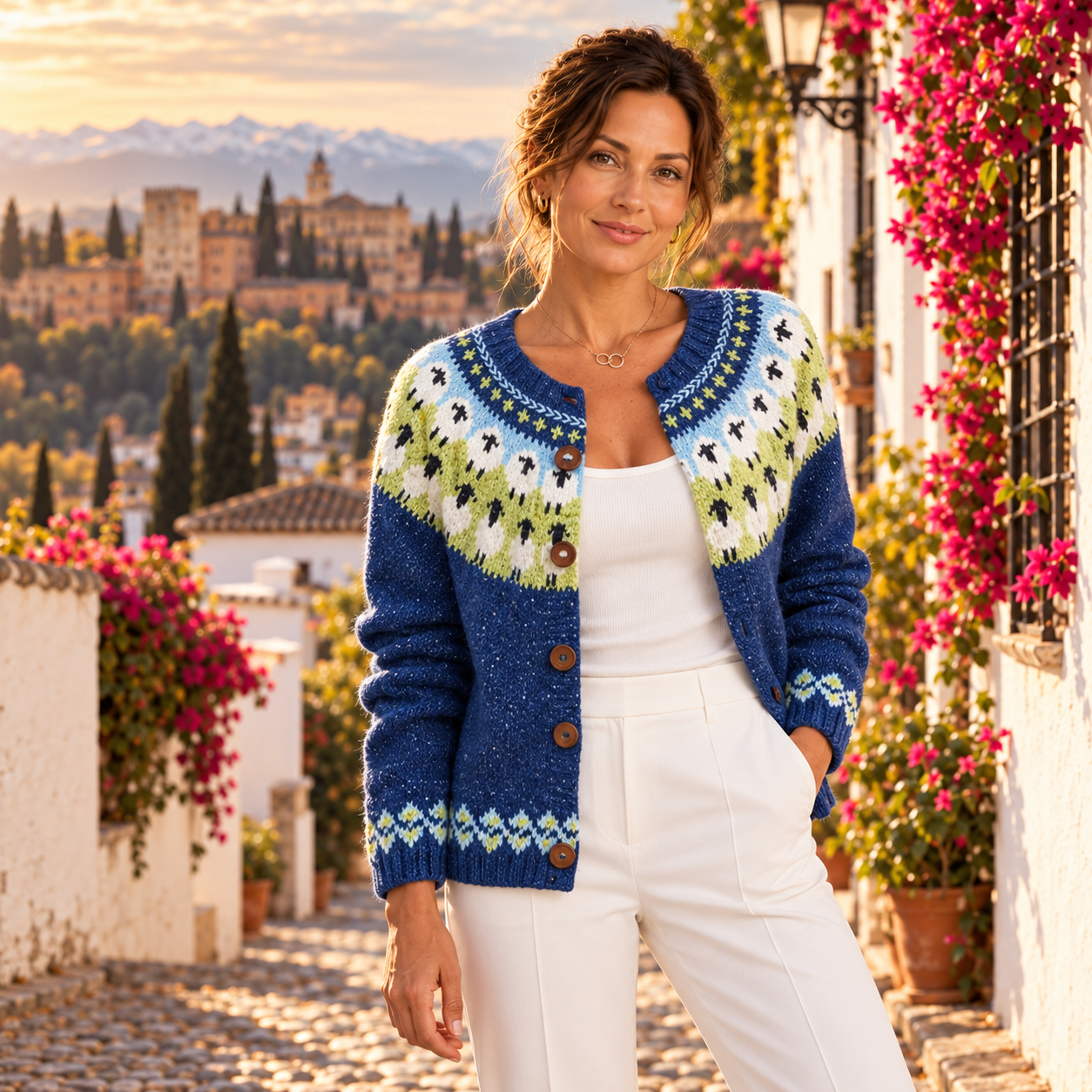 Alba – Cárdigan de Punto Azul con Canesú Lima - jacquard azul verde retrato alhambra