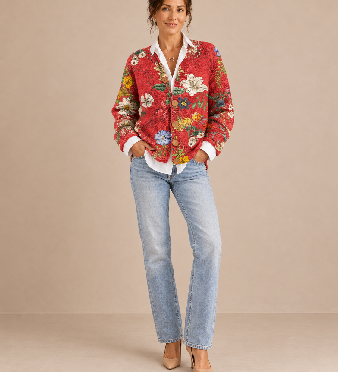Carmen – Cárdigan de Punto Rojo con Flores - frente