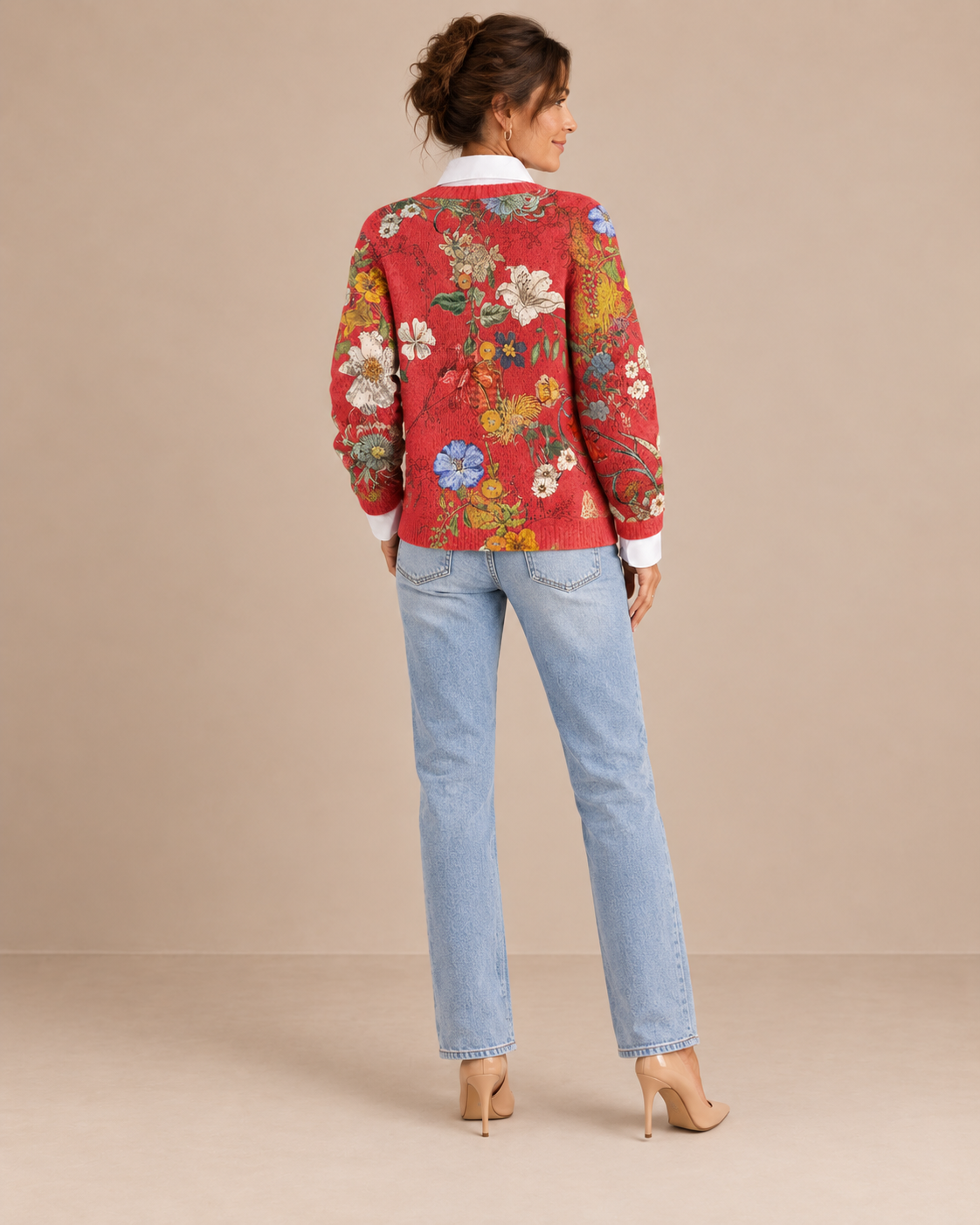 Carmen – Cárdigan de Punto Rojo con Flores - espalda