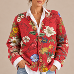 Carmen – Cárdigan de Punto Rojo con Flores - primer plano