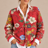 Carmen – Cárdigan de Punto Rojo con Flores - primer plano