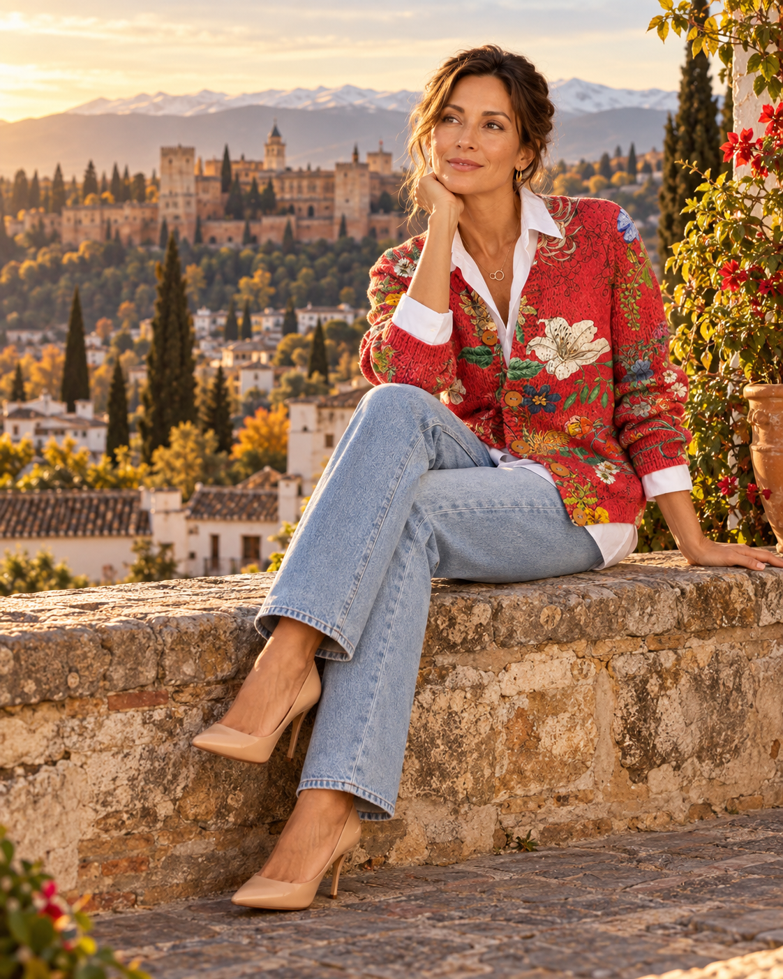 Carmen – Cárdigan de Punto Rojo con Flores - en Granada 3