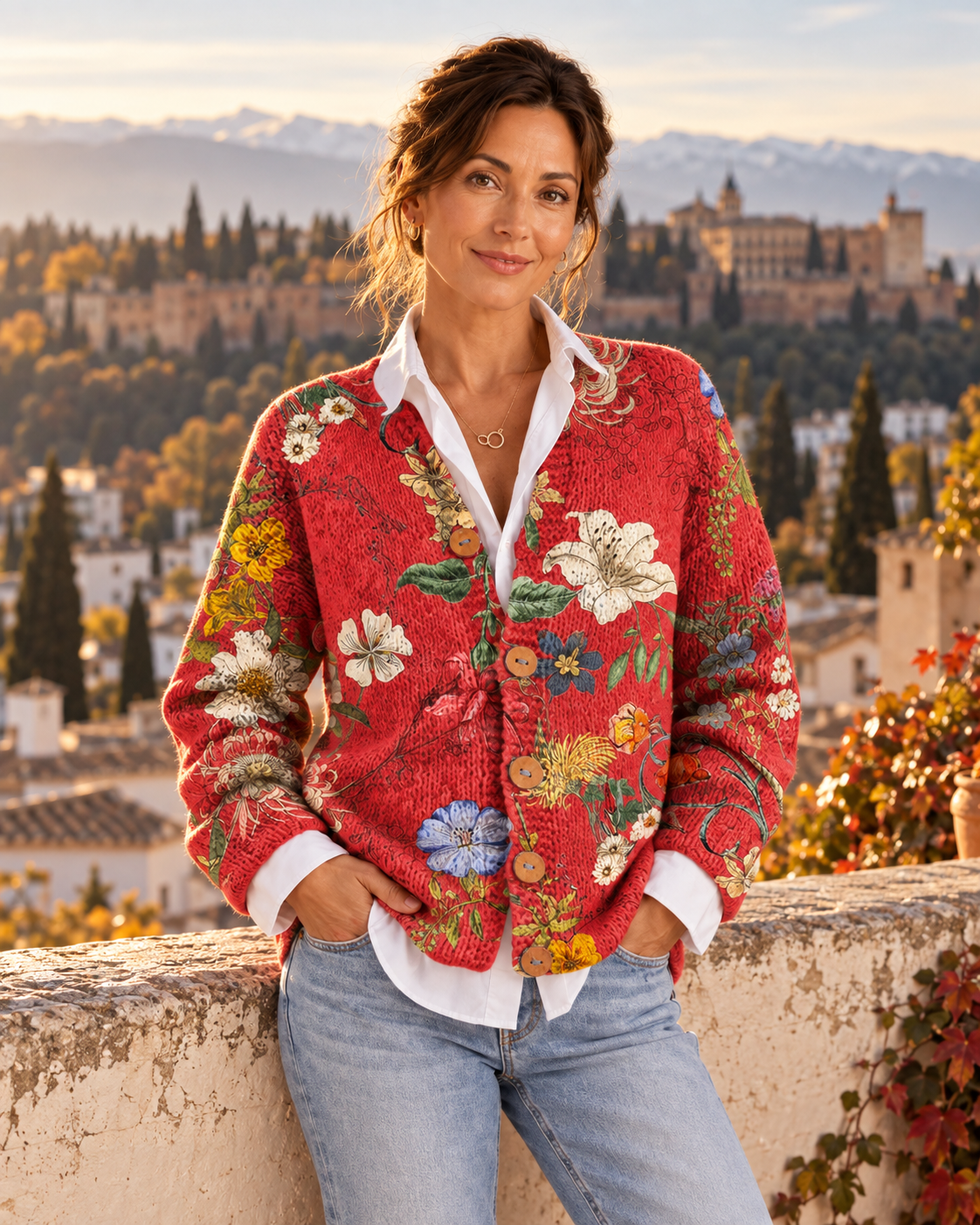 Carmen – Cárdigan de Punto Rojo con Flores - en Granada 4