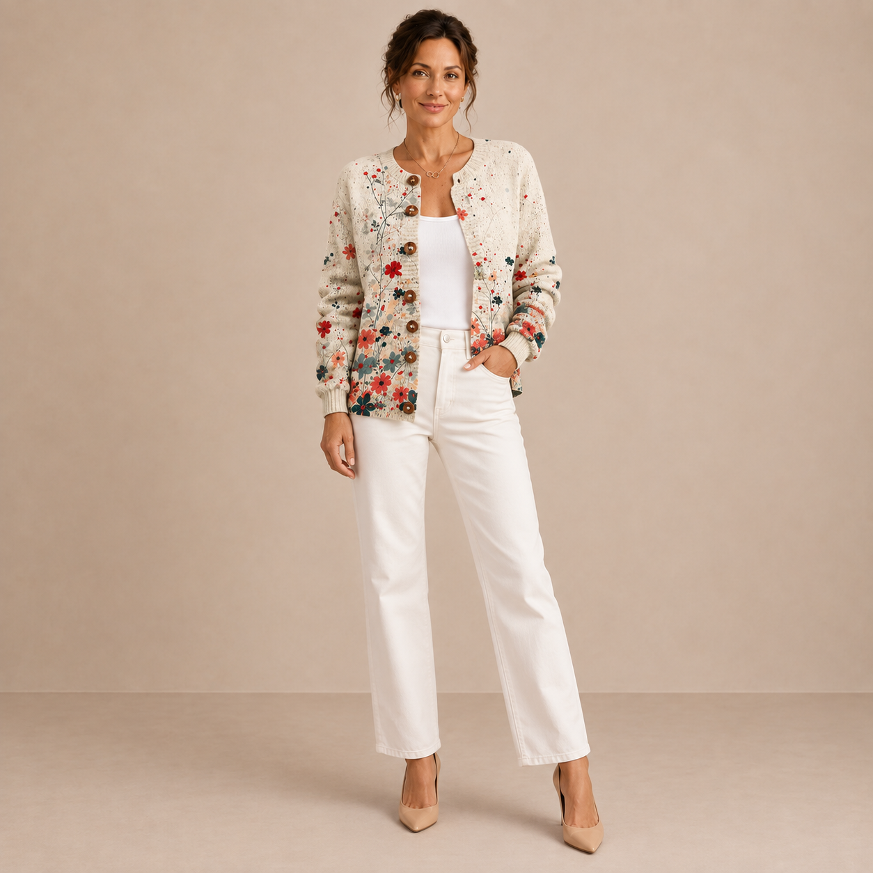 Lucía – Cárdigan de Punto con Flores Silvestres - frente
