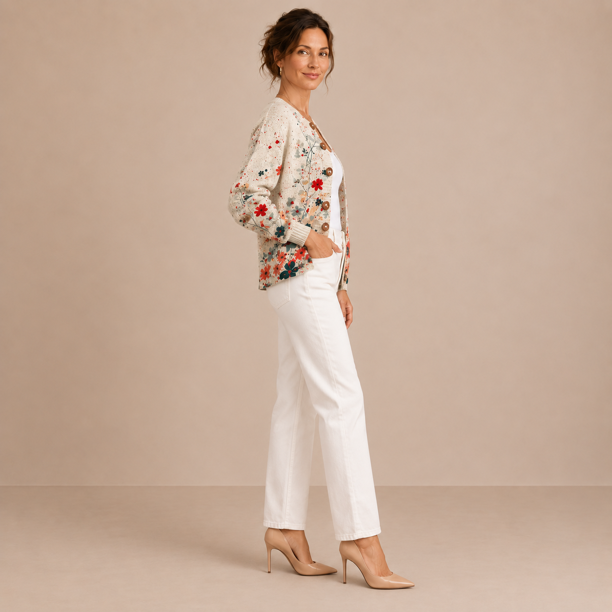 Lucía – Cárdigan de Punto con Flores Silvestres - perfil