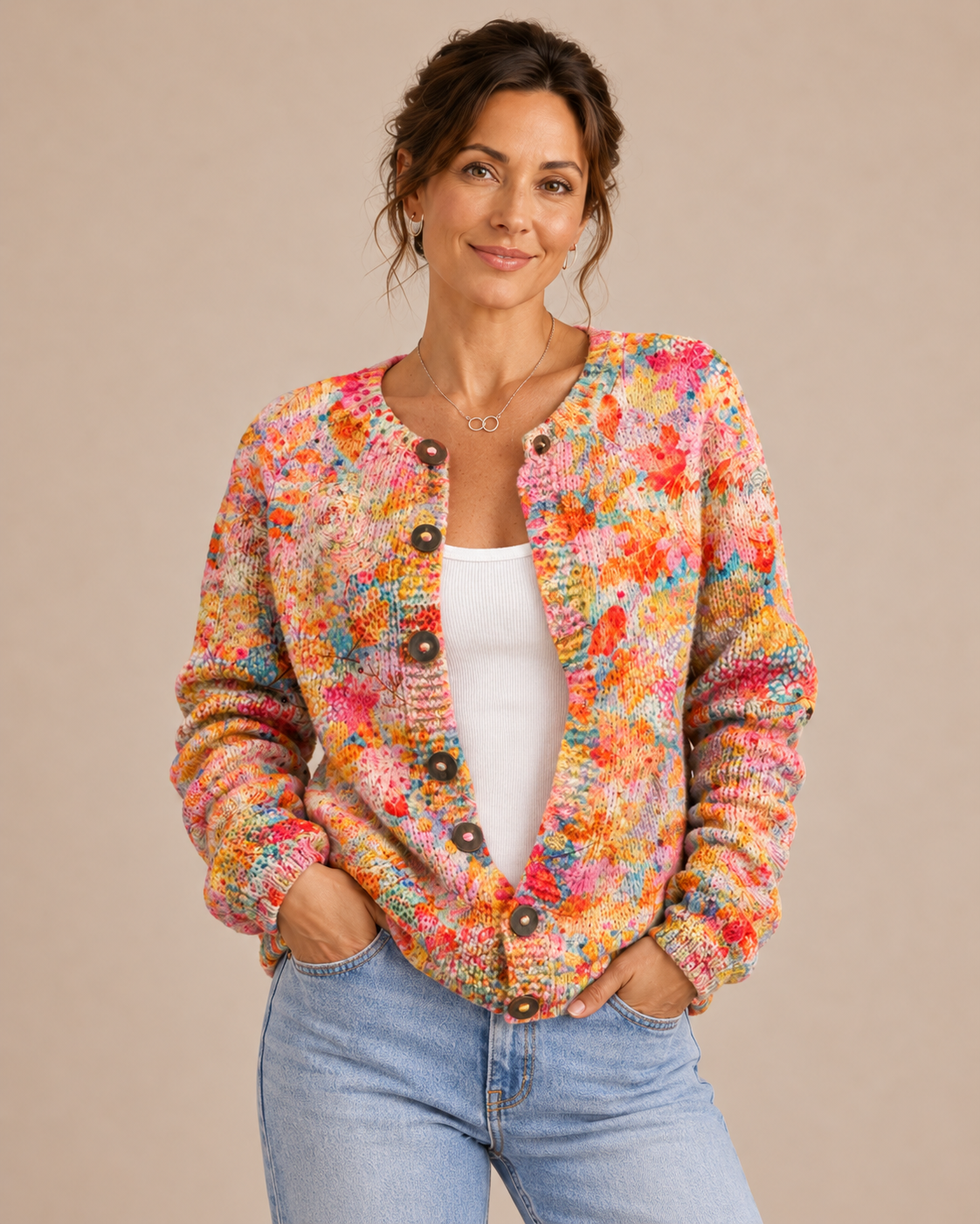 Macarena – Cárdigan de Punto Floral Multicolor - primer plano