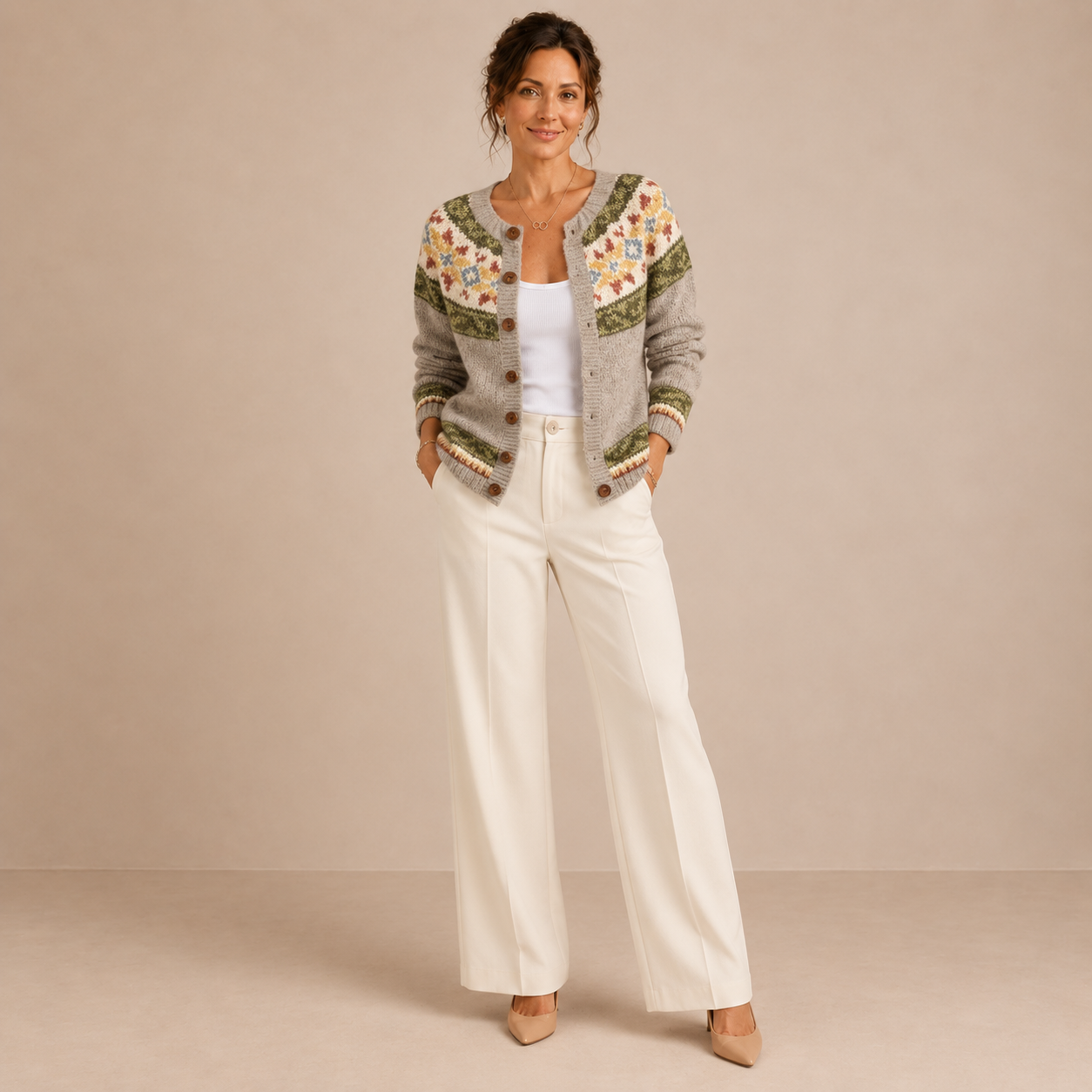 Violeta – Cárdigan de Punto Gris con Flores - frente