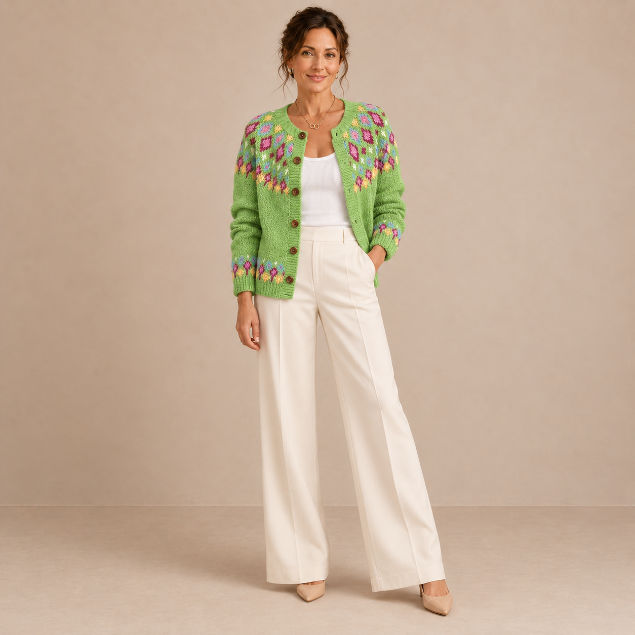 Vera – Cárdigan de Punto Verde con Flores - frente