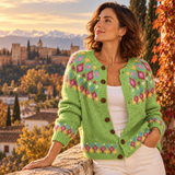 Vera – Cárdigan de Punto Verde con Flores - verde jacquard multicolor retrato alhambra