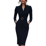 Marina | Vestido negro refinado con cinturón y cuello mandarín