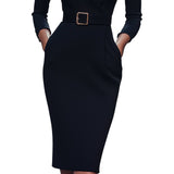Marina | Vestido negro refinado con cinturón y cuello mandarín