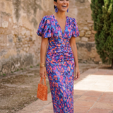 Aroa | Vestido Midi Floral con Mangas Abullonadas