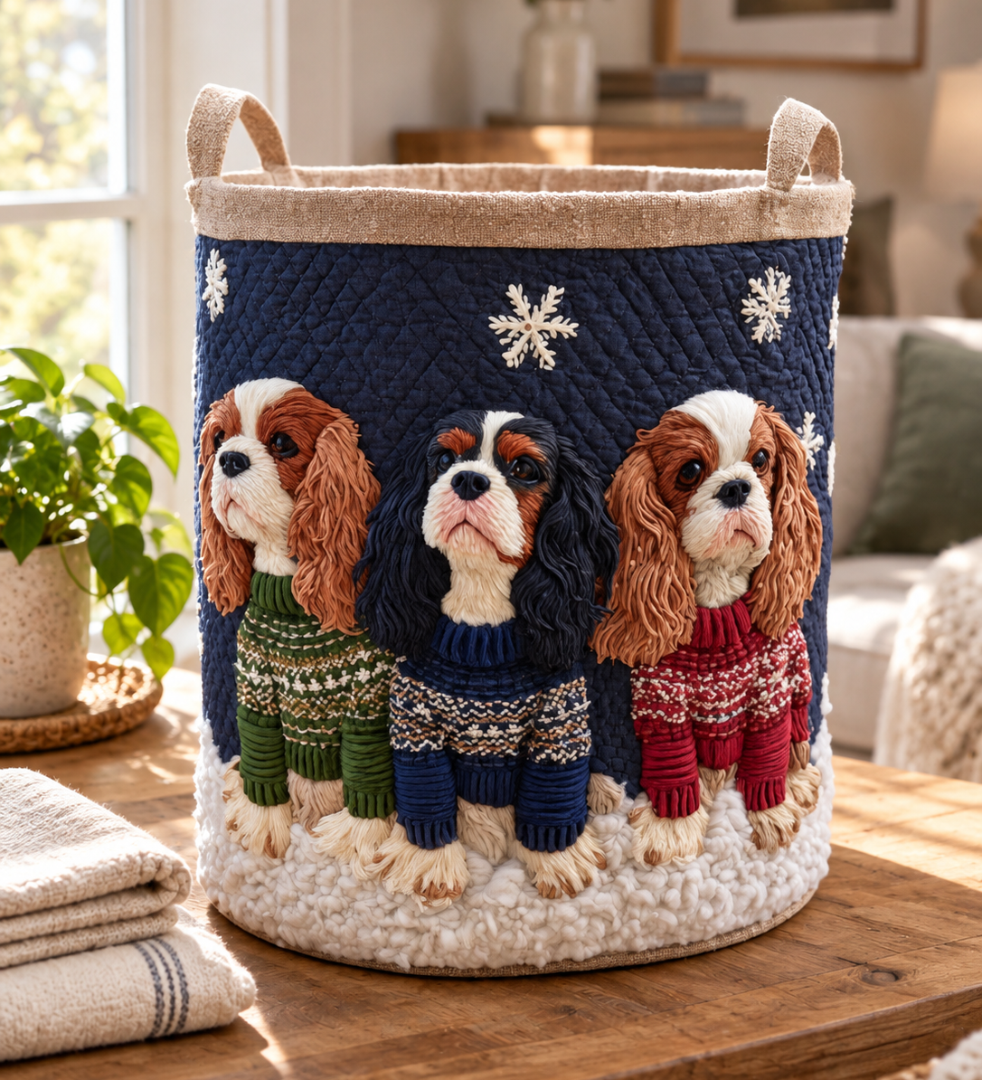 Cesta acolchada Rey Carlos con tres perritos, sobre una mesa de madera junto a la ventana