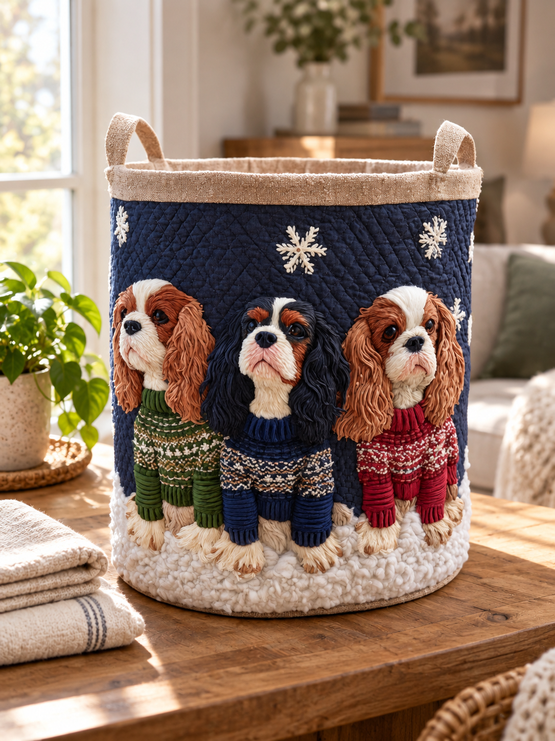 Cesta acolchada Rey Carlos con tres perritos, sobre una mesa de madera junto a la ventana